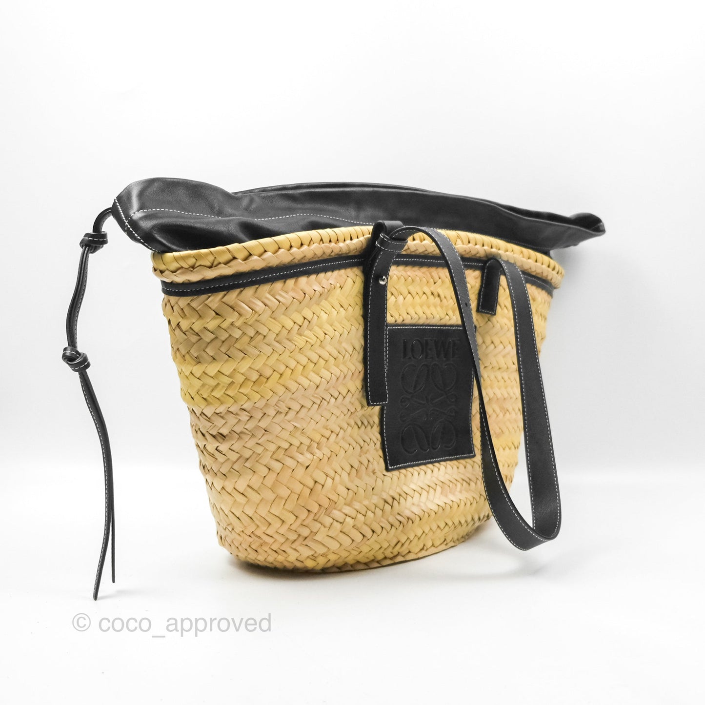 Loewe Woven Basket Bag Black Leather Natural Palm Leaf