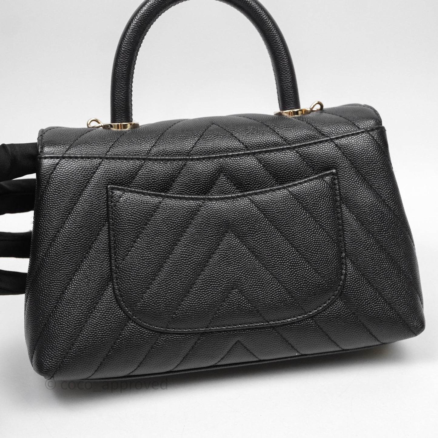 Chanel Small Coco Handle Chevron Black Caviar Gold Hardware Lizard Handle