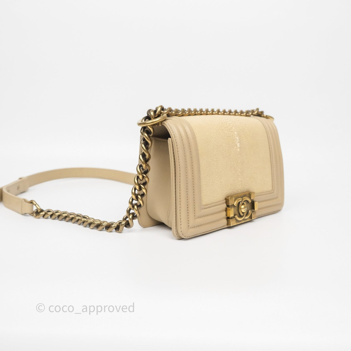 Chanel Small Boy Stingray Beige Antique Gold Hardware