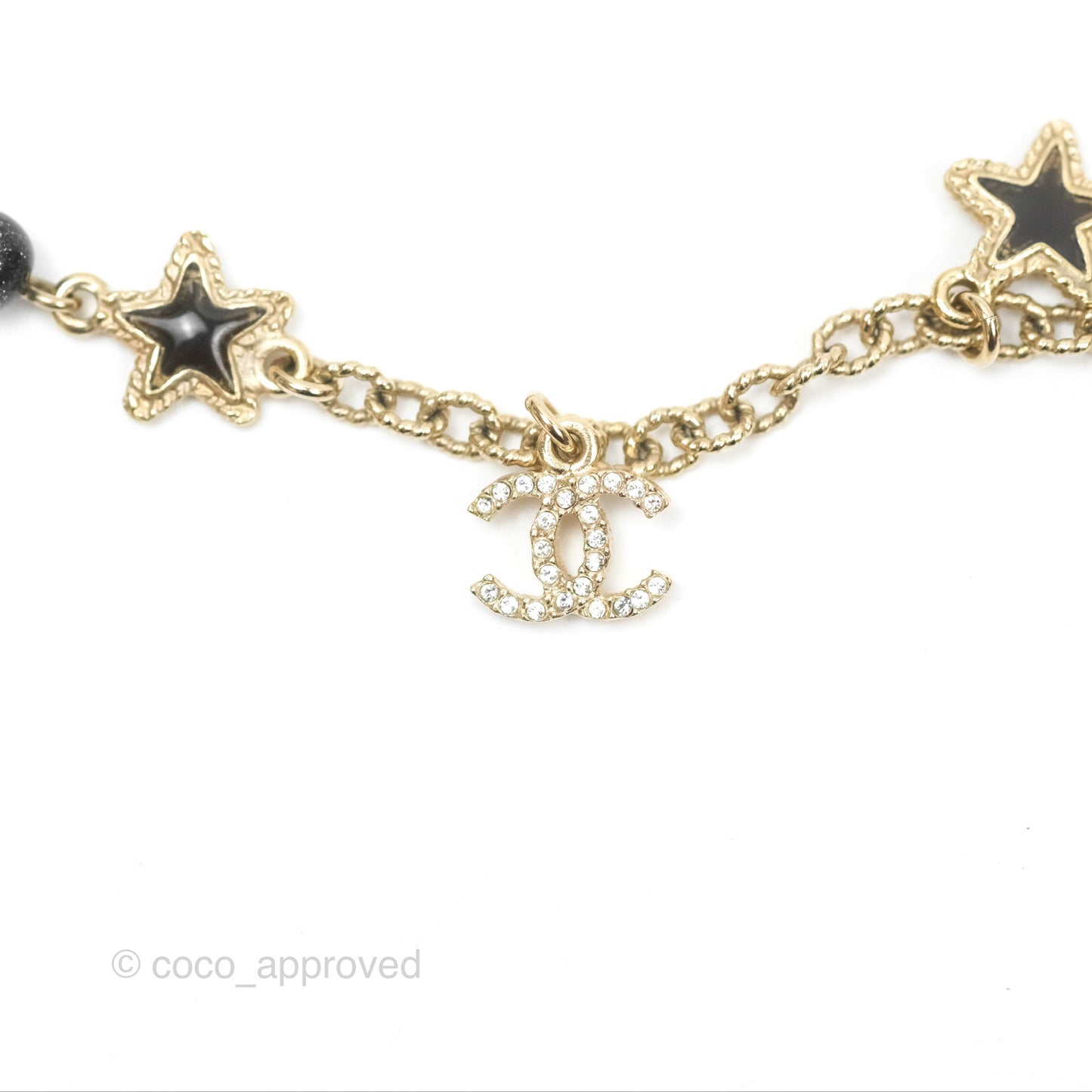 Chanel CC Pearl Star Black Pendant Bracelet Gold Tone 20S