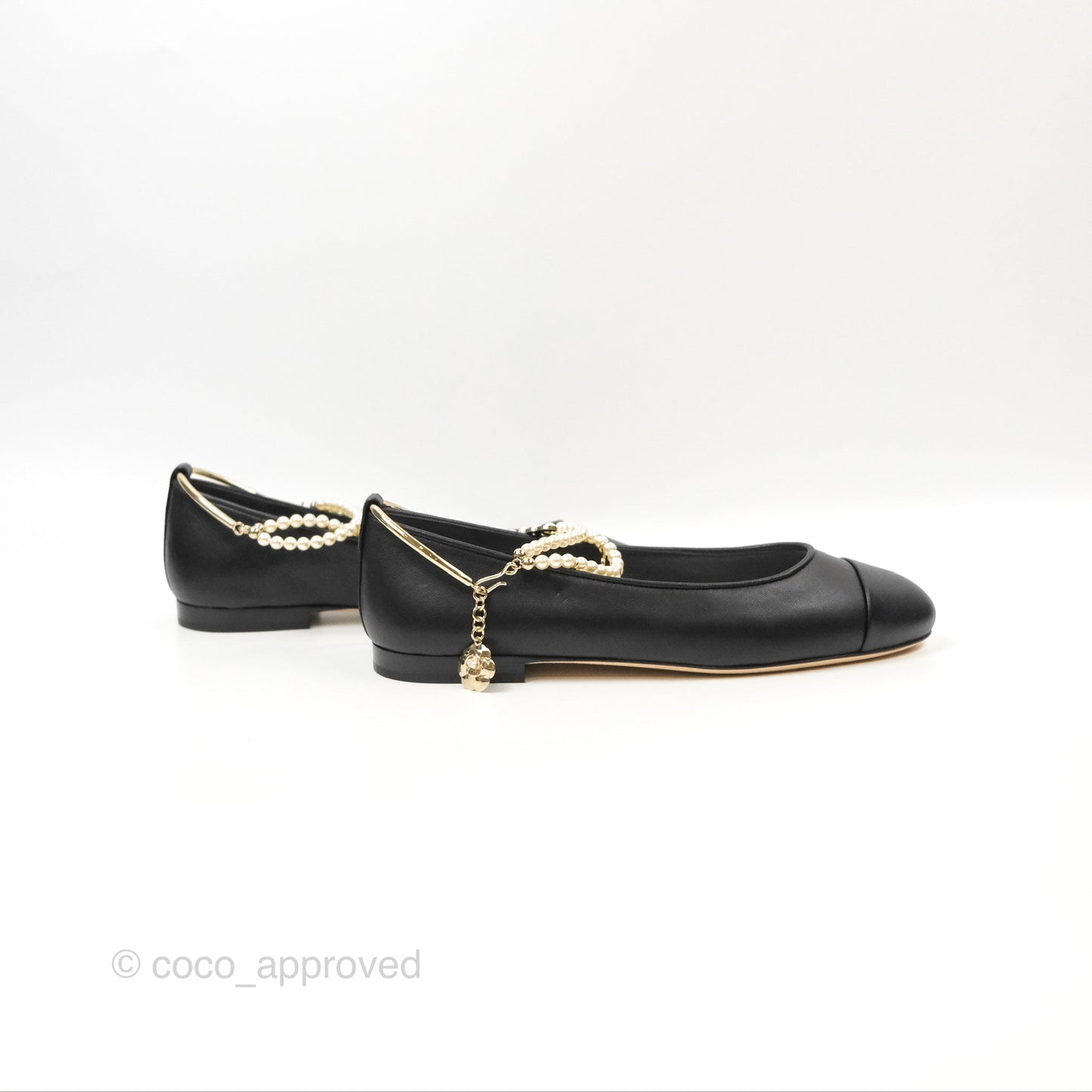 Chanel Ankle Double Pearl Pendant Flat Ballerinas Black Lambskin Size 37