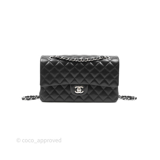 Chanel Classic M/L Medium Flap Quilted Black Lambskin Silver Hardware