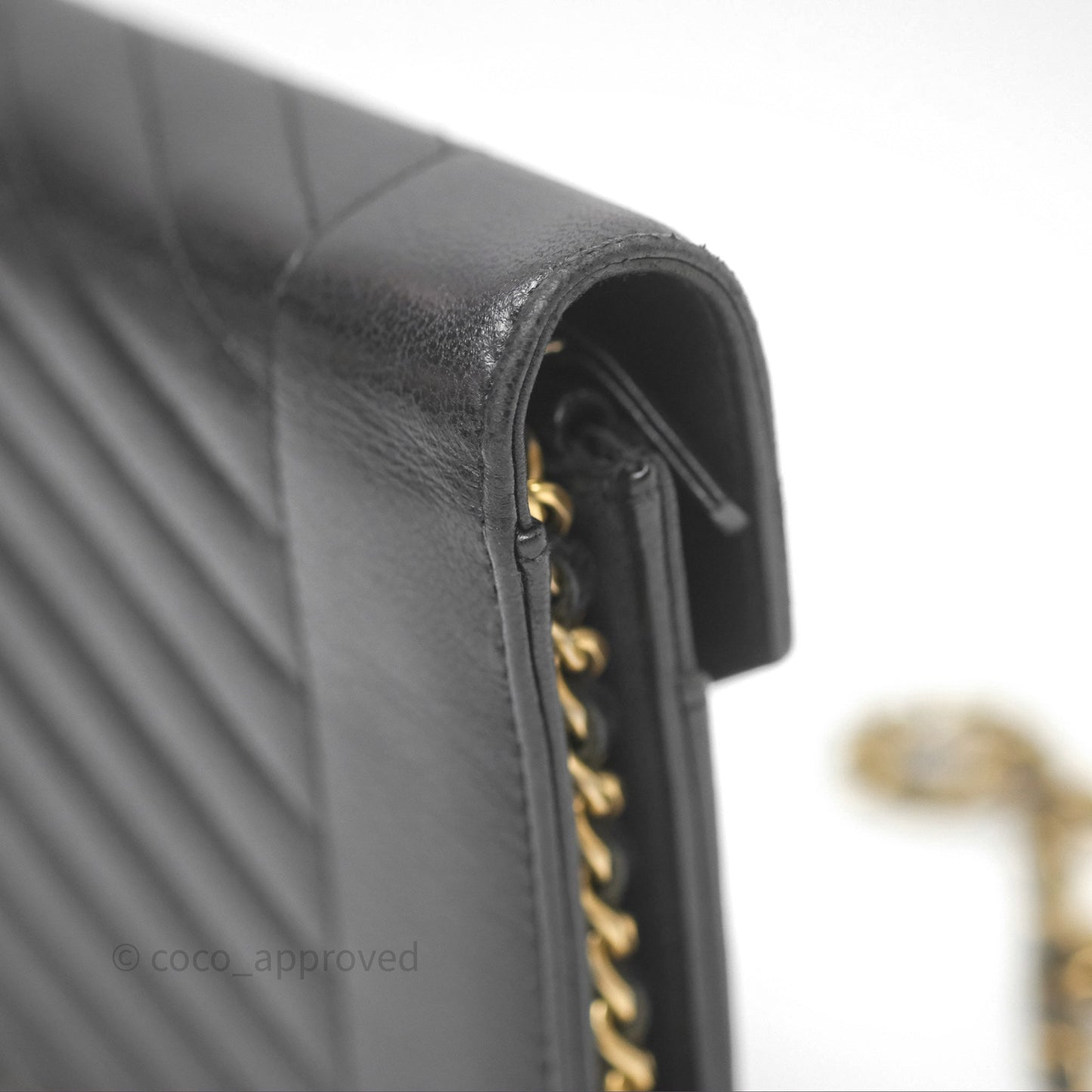 Chanel Reversed Chevron Wallet On Chain WOC Black Lambskin Aged Gold Hardware