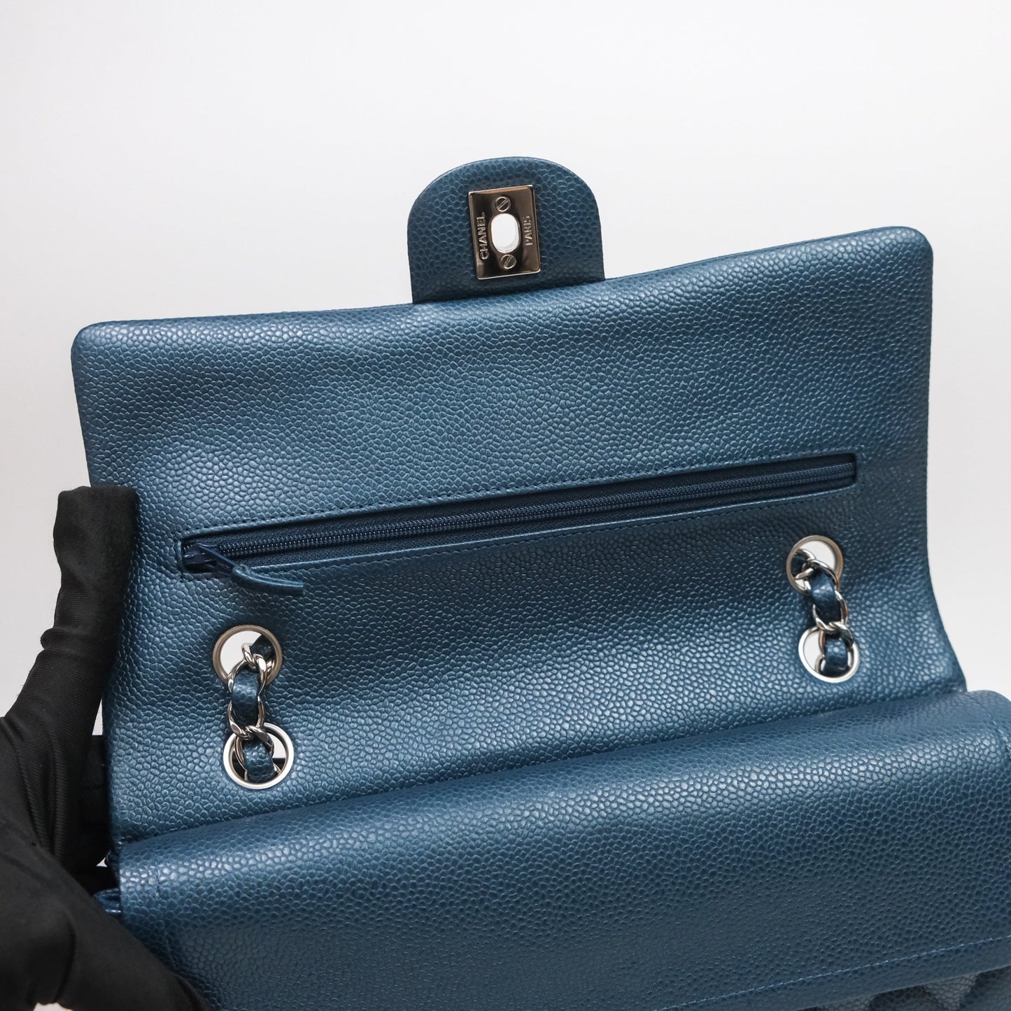 Chanel Classic Medium Flap Quilted Iridescent Teal Caviar Silver Hardware