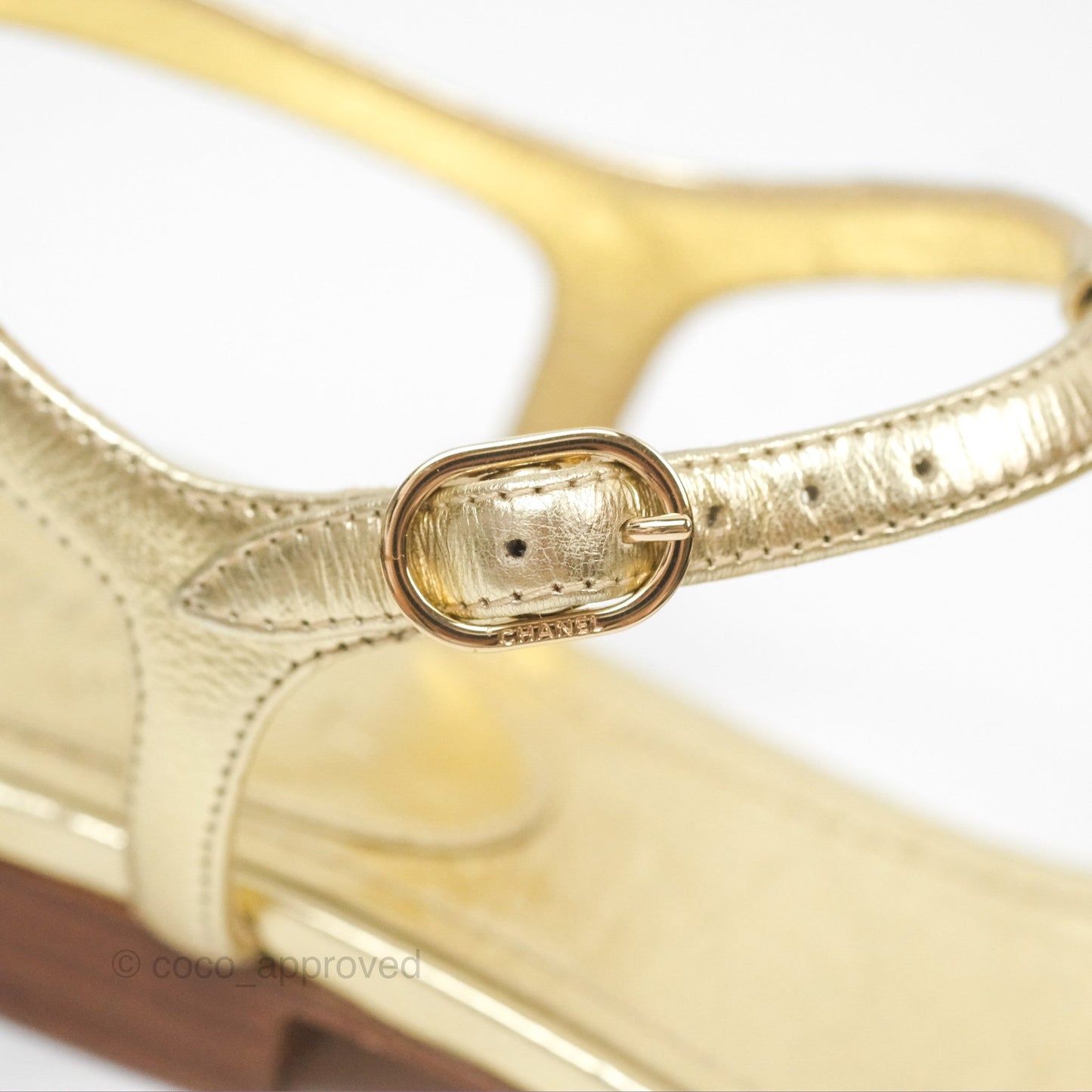 Chanel CC  Gold Metallic Leather Stone Thong Sandals Size 35