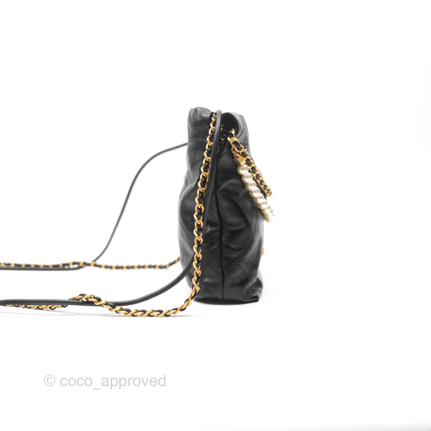 Chanel 22 Quilted Logo Mini Bag with Pearl Chain Black Shiny Crumpled Calfskin
