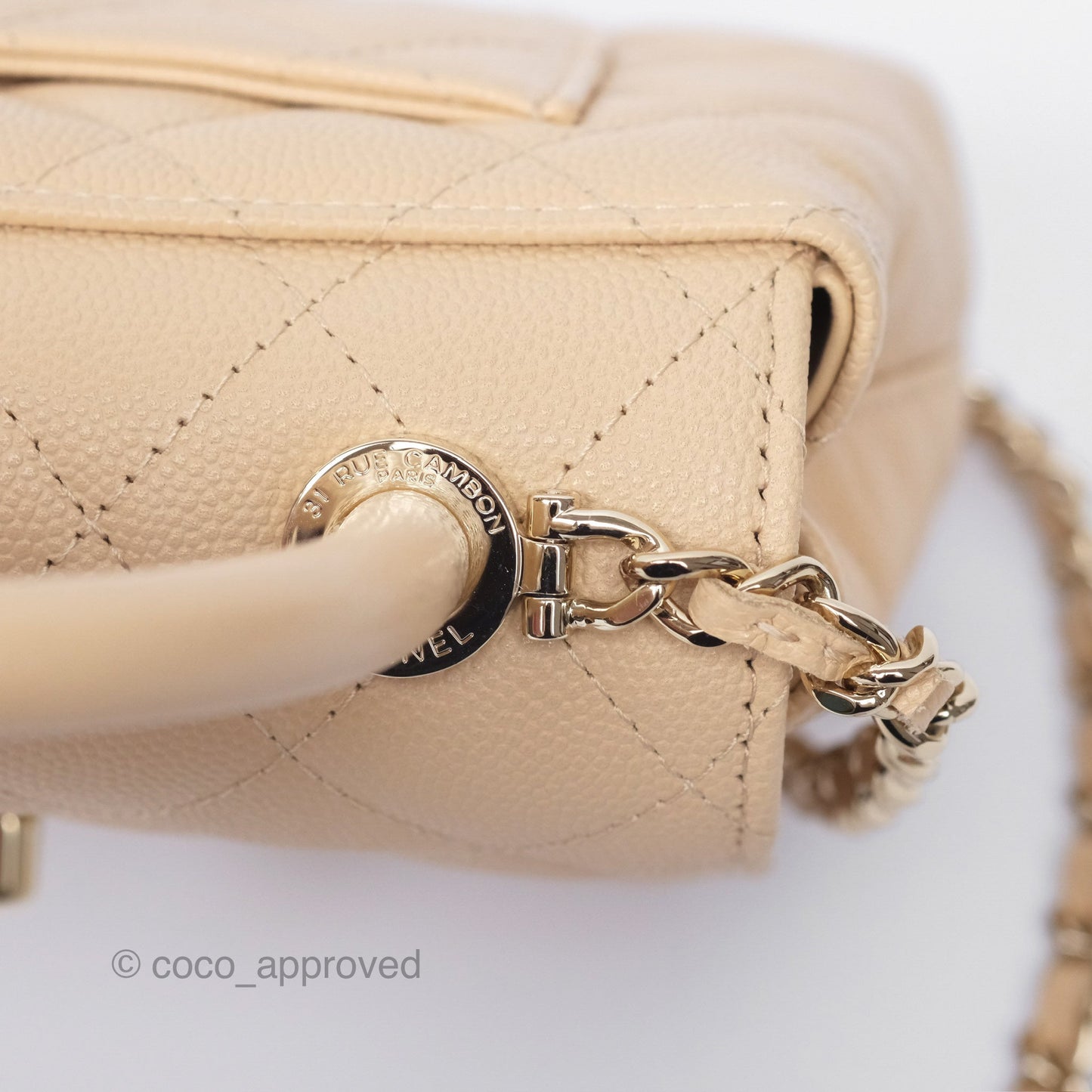 Chanel Coco Handle Clutch with Chain Quilted Beige Caviar Gold Hardware
