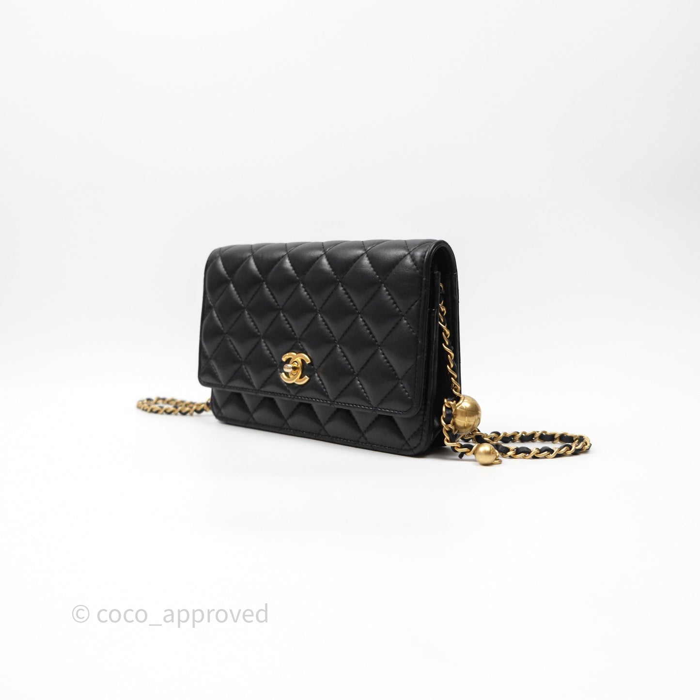 Chanel Quilted Pearl Crush Wallet on Chain WOC Black Lambskin Aged Gold Hardware