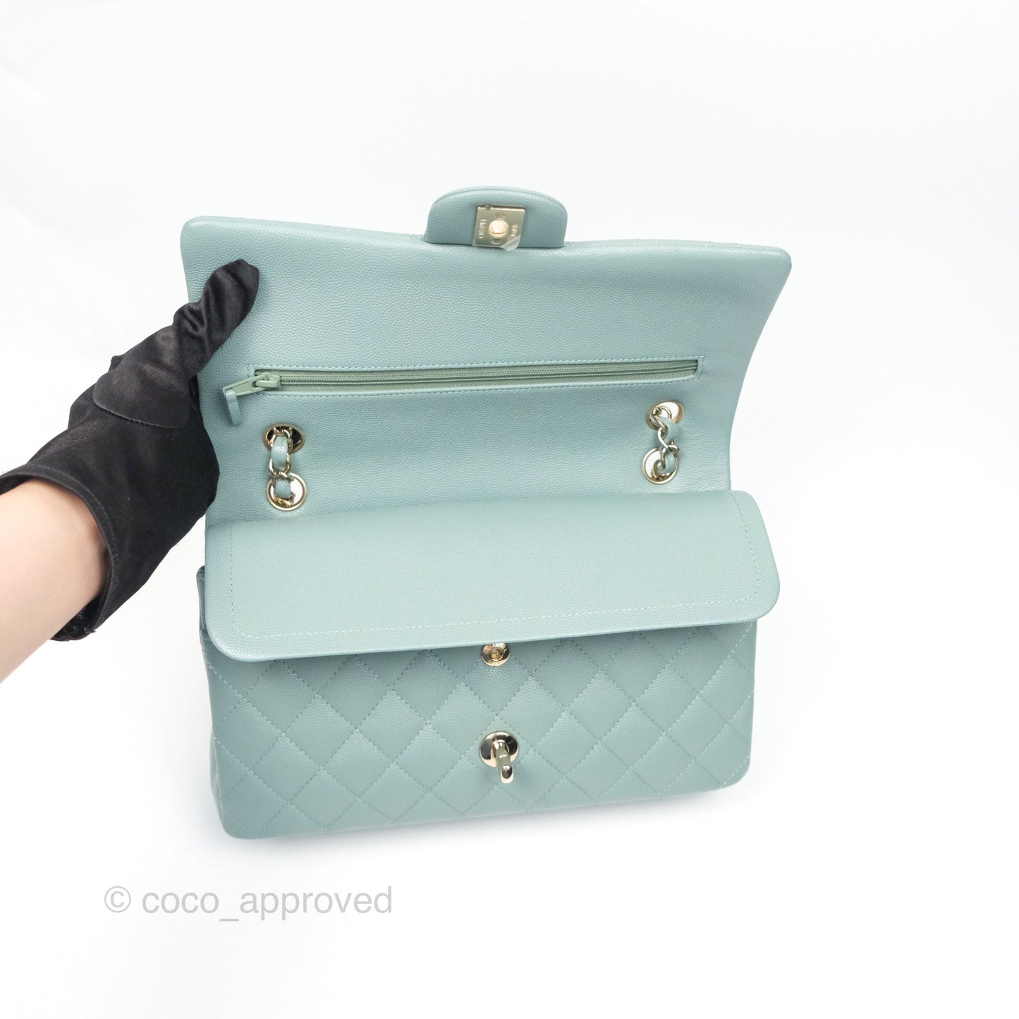Chanel Classic M/L Medium Flap Quilted Tiffany Seafoam Green Caviar Gold Hardware