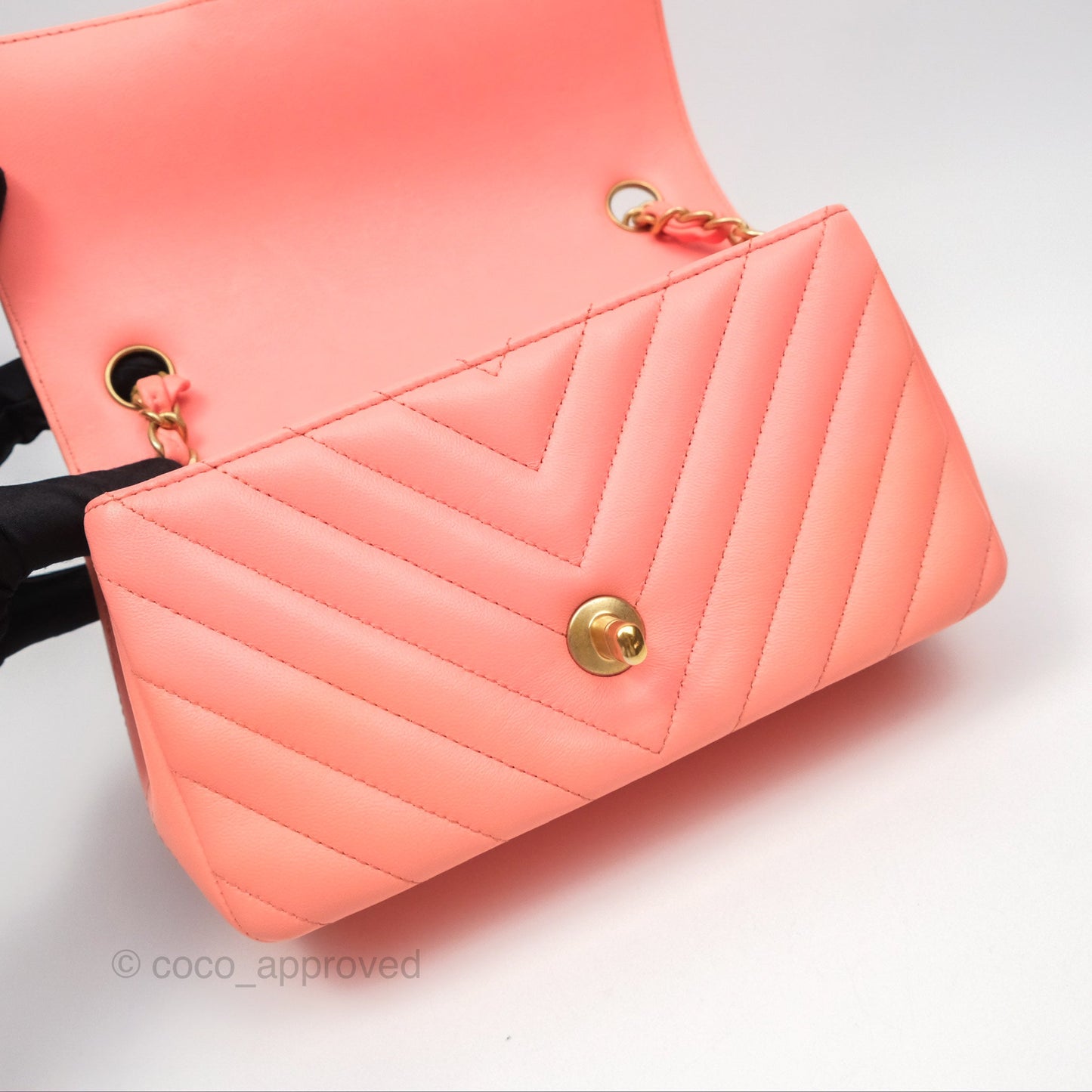 Chanel Chevron Mini Rectangular Flap Peach Pink Lambskin Aged Gold Hardware