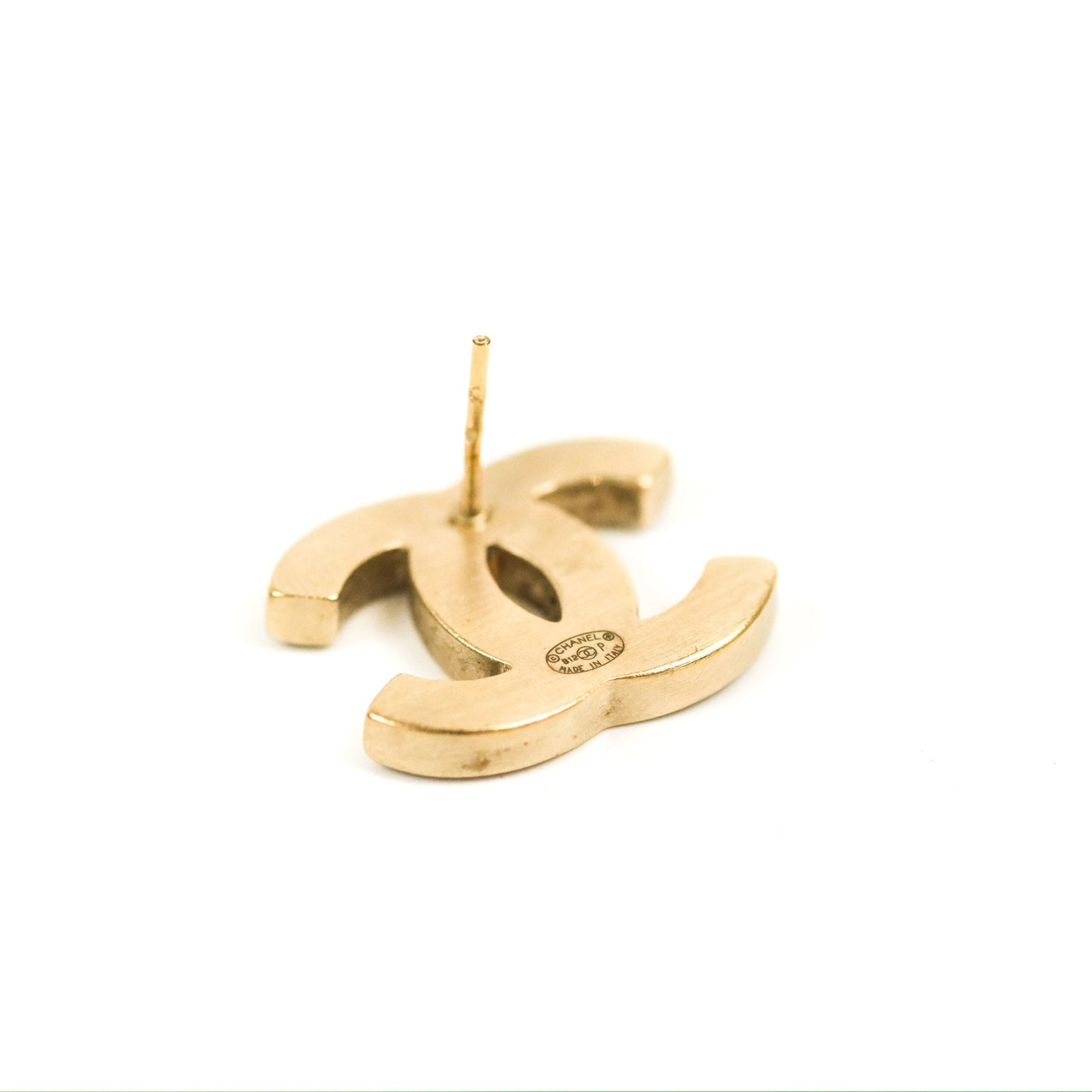 Chanel CC Black Leather Earrings Matte Gold Tone 12P