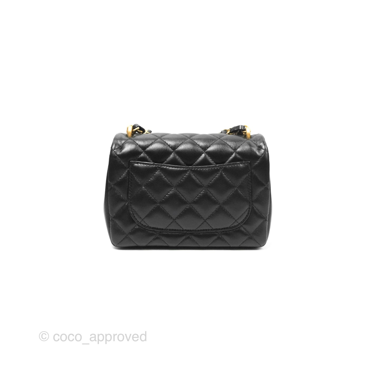 Chanel Mini Flap Bag with Pearl Chain Black Shiny Lambskin Aged Gold Hardware 24P