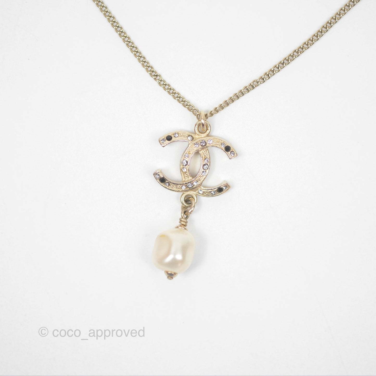 Chanel Crystal CC Pearl Drop Necklace Gold Tone 12A