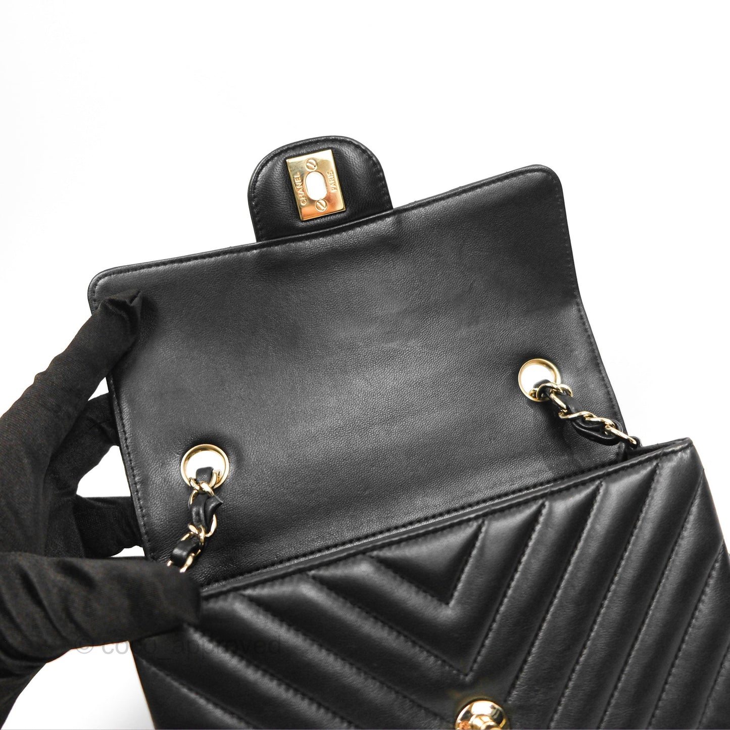 Chanel Chevron Mini Rectangular Flap Black Lambskin Gold Hardware