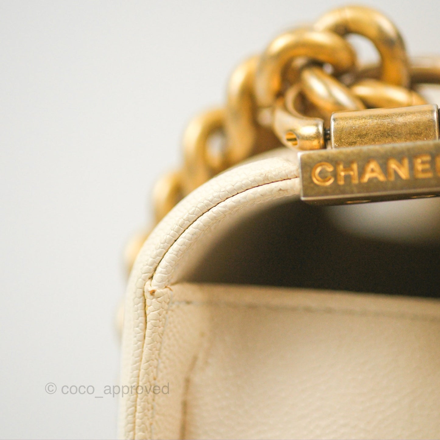 Chanel Medium Boy Quilted Ivory Caviar Aged Gold Hardware
