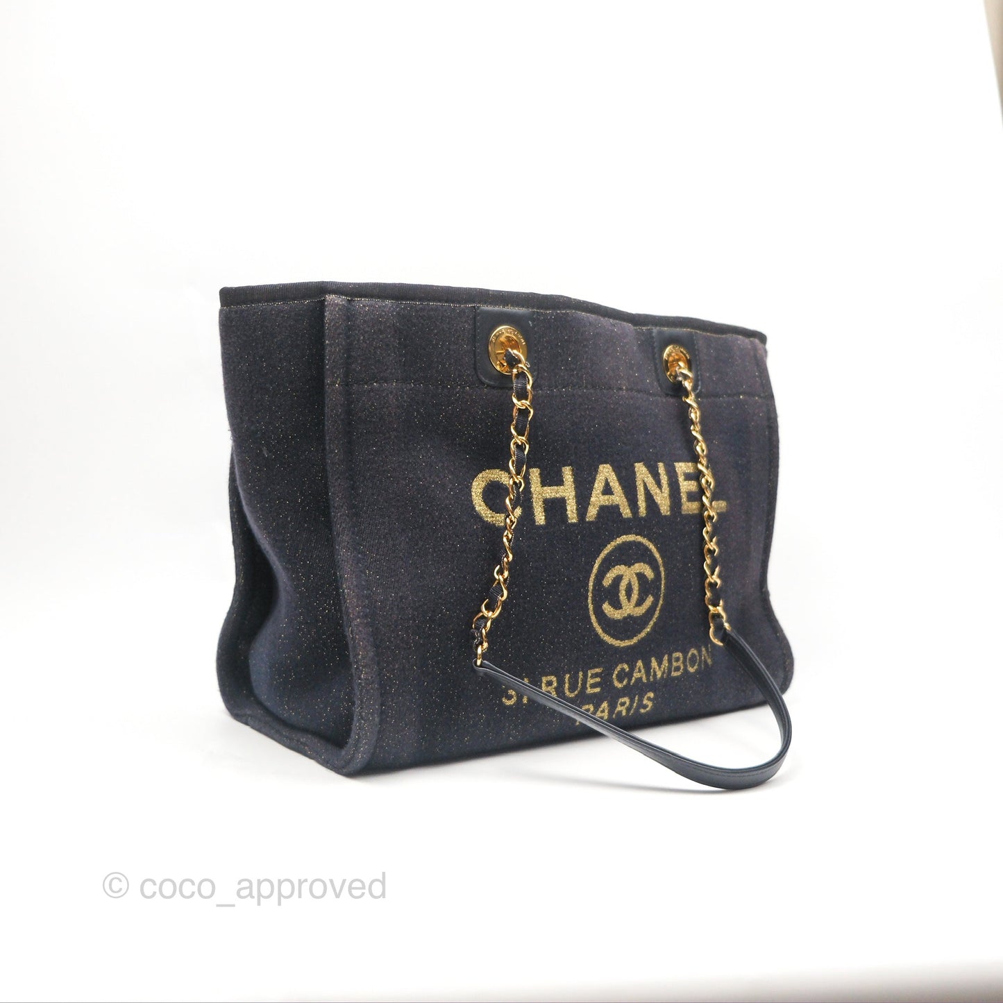 Chanel Medium Deauville Tote Navy Glitter Canvas Gold Hardware