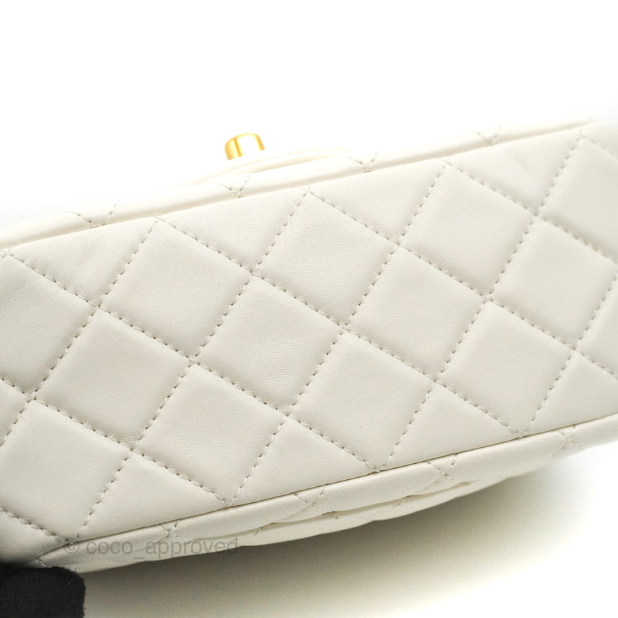 Chanel Mini Square Pearl Crush Quilted White Lambskin Aged Gold Hardware