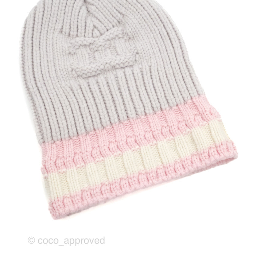 Chanel Cashmere CC Beanie Hat Light Grey / Light Pink / White