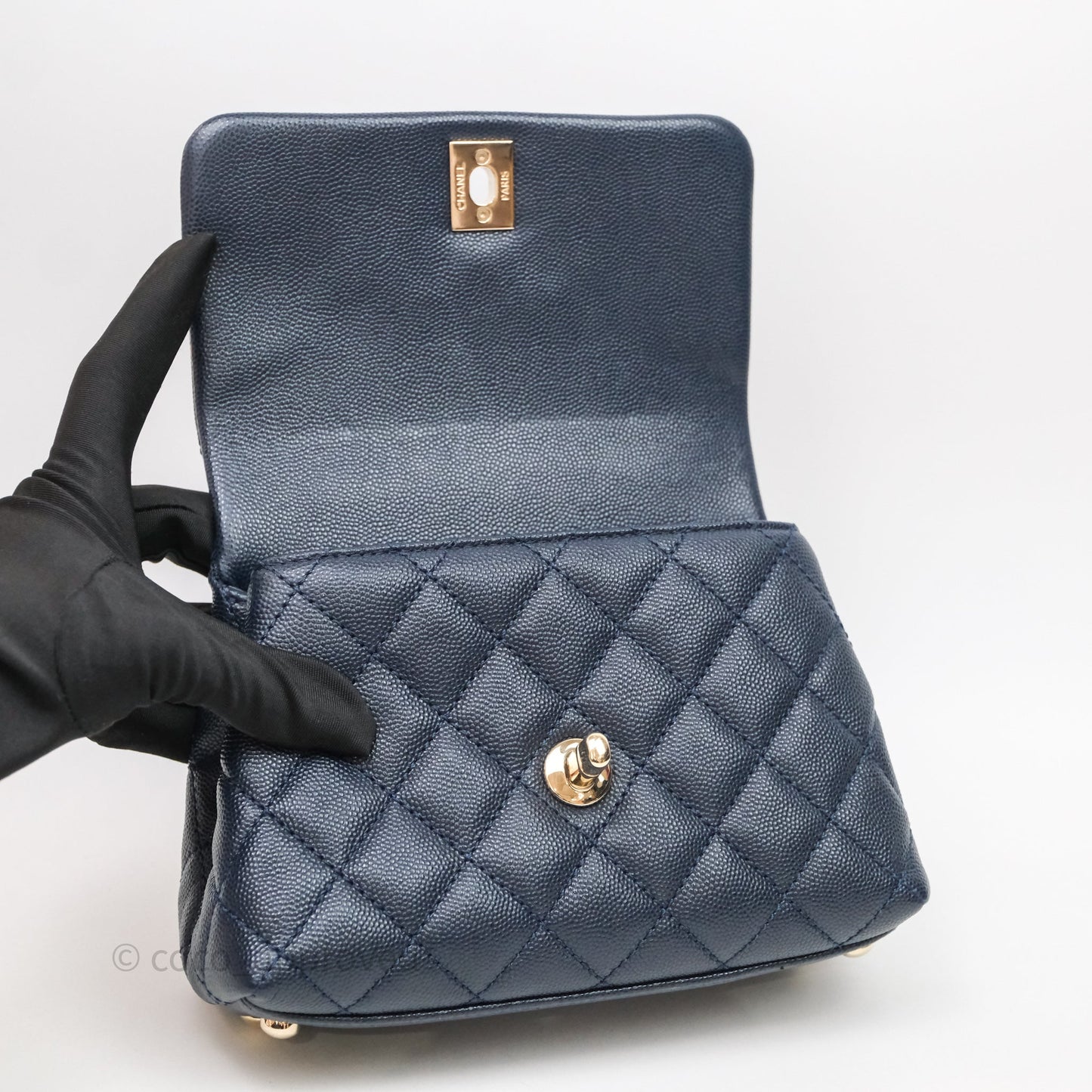 Chanel Mini Coco Handle Quilted Navy Caviar Gold Hardware Lizard Embossed Handle