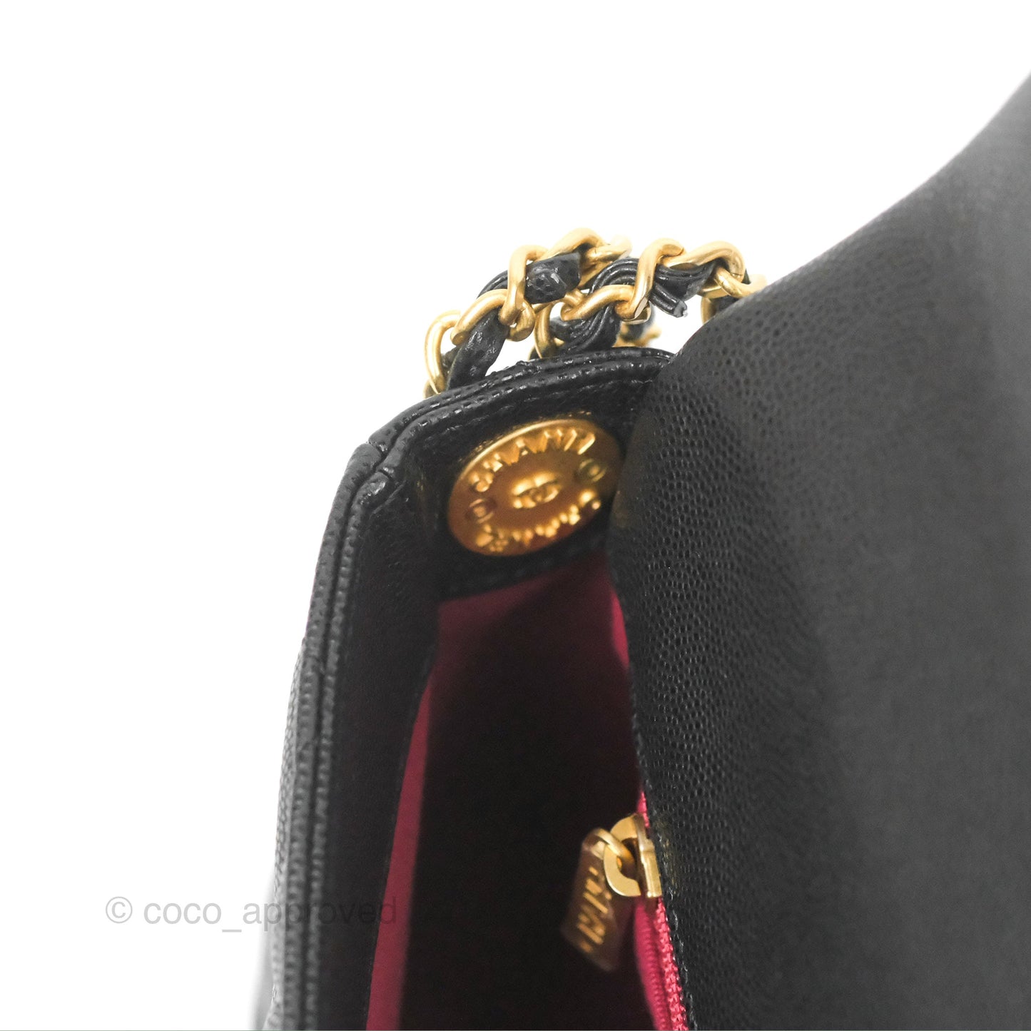 Chanel Small Flap with Coin Charm Black Caviar Aged Gold Hardware 22A