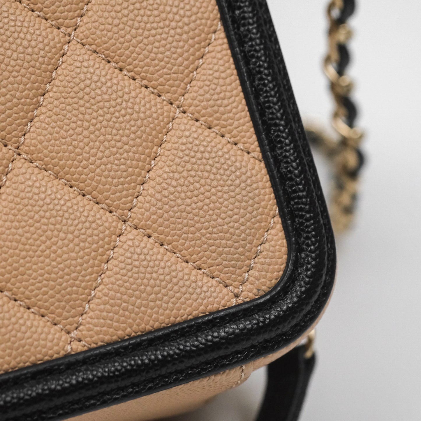 Chanel Quilted New Small CC Filigree Vanity Case Beige Caviar Gold Hardware