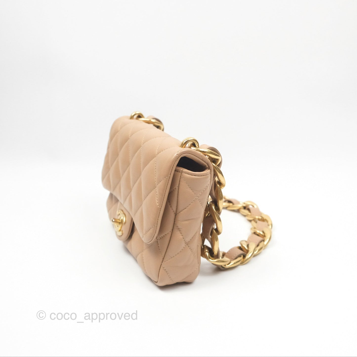 Chanel Small Chunky Chain Flap Bag Lambskin Beige Aged Gold Hardware 22S