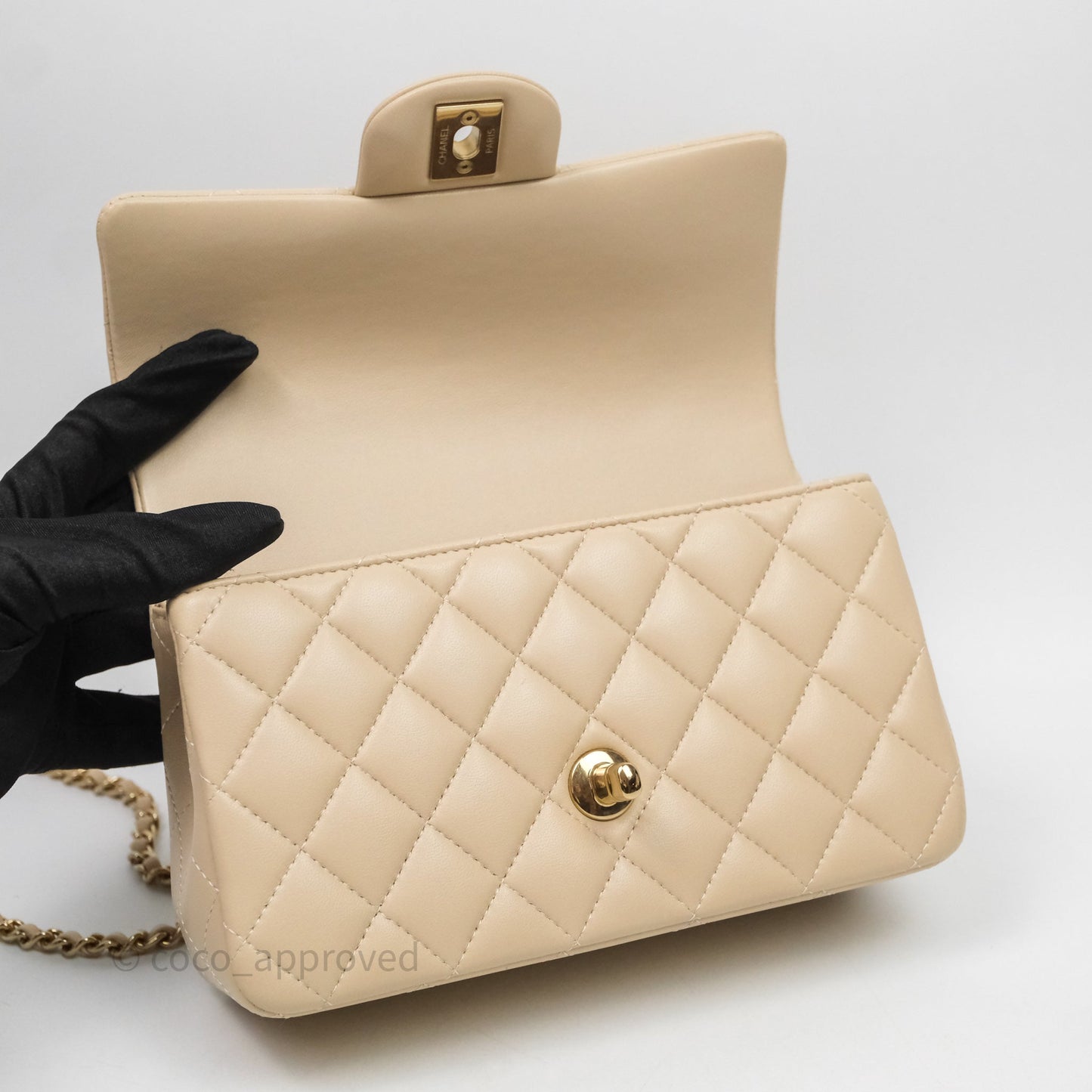 Chanel Top Handle Mini Rectangular Flap Beige Lambskin Shiny Gold Hardware