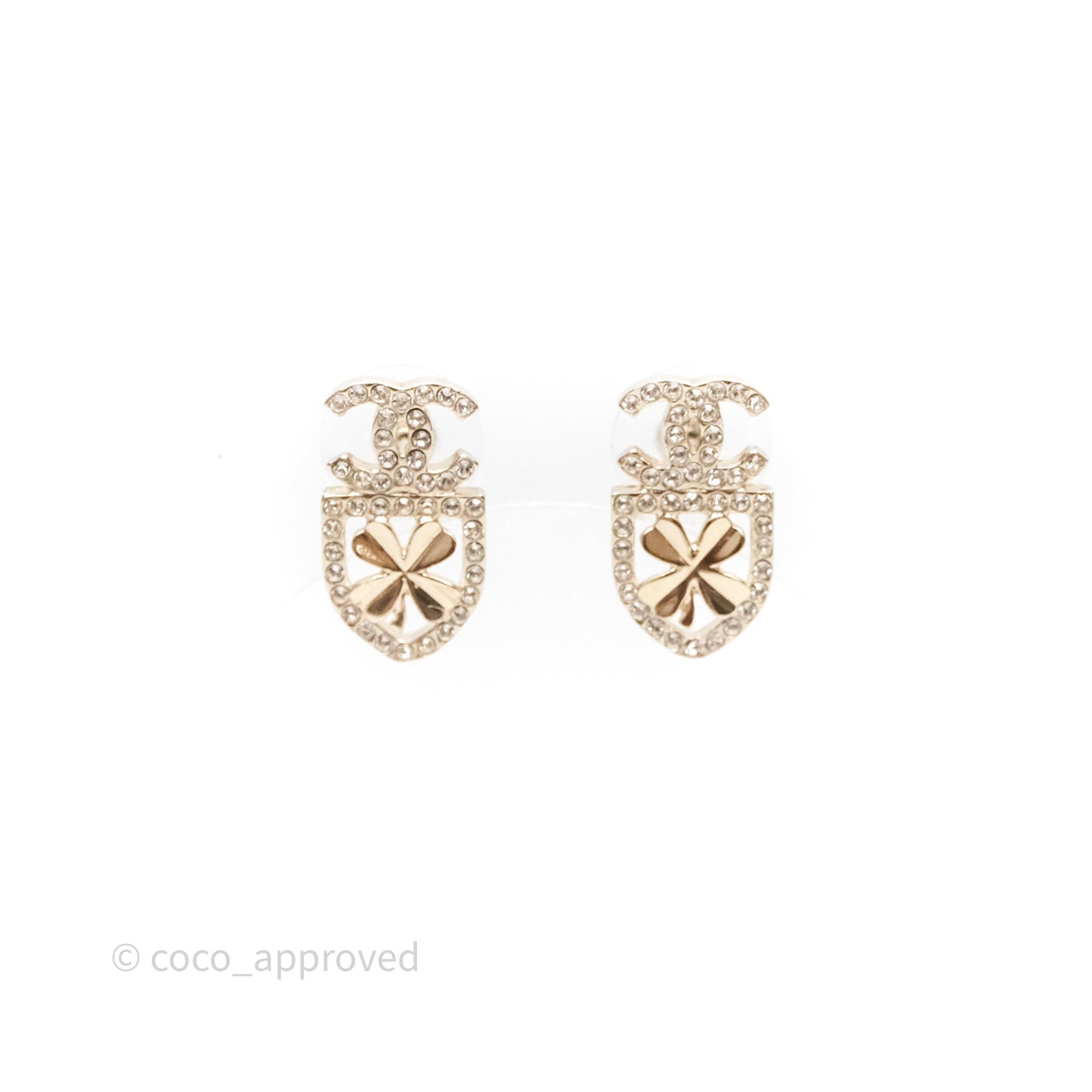 Chanel Crystal CC Clover Earrings Gold Tone 20B