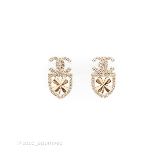 Chanel Crystal CC Clover Earrings Gold Tone 20B