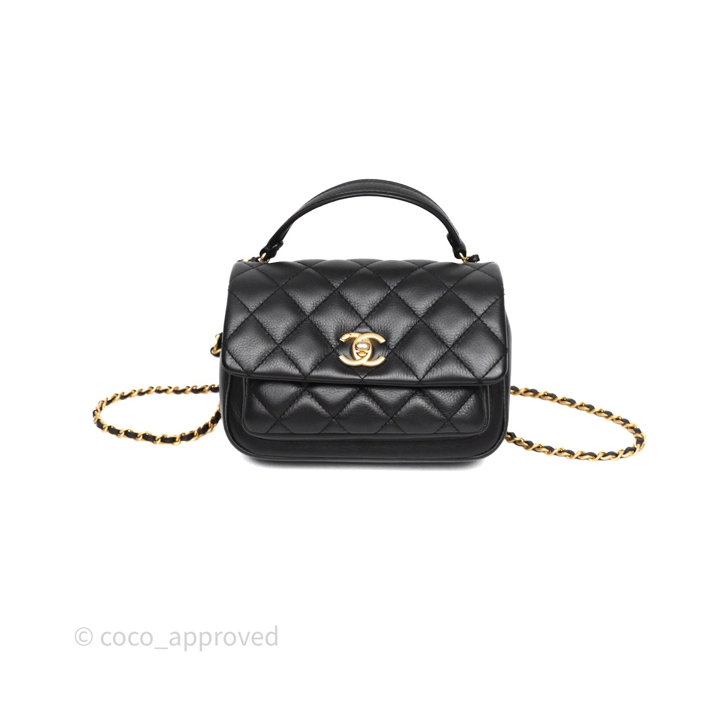 Chanel Quilted Handle Flap Bag Black Calfskin Aged Gold Hardware