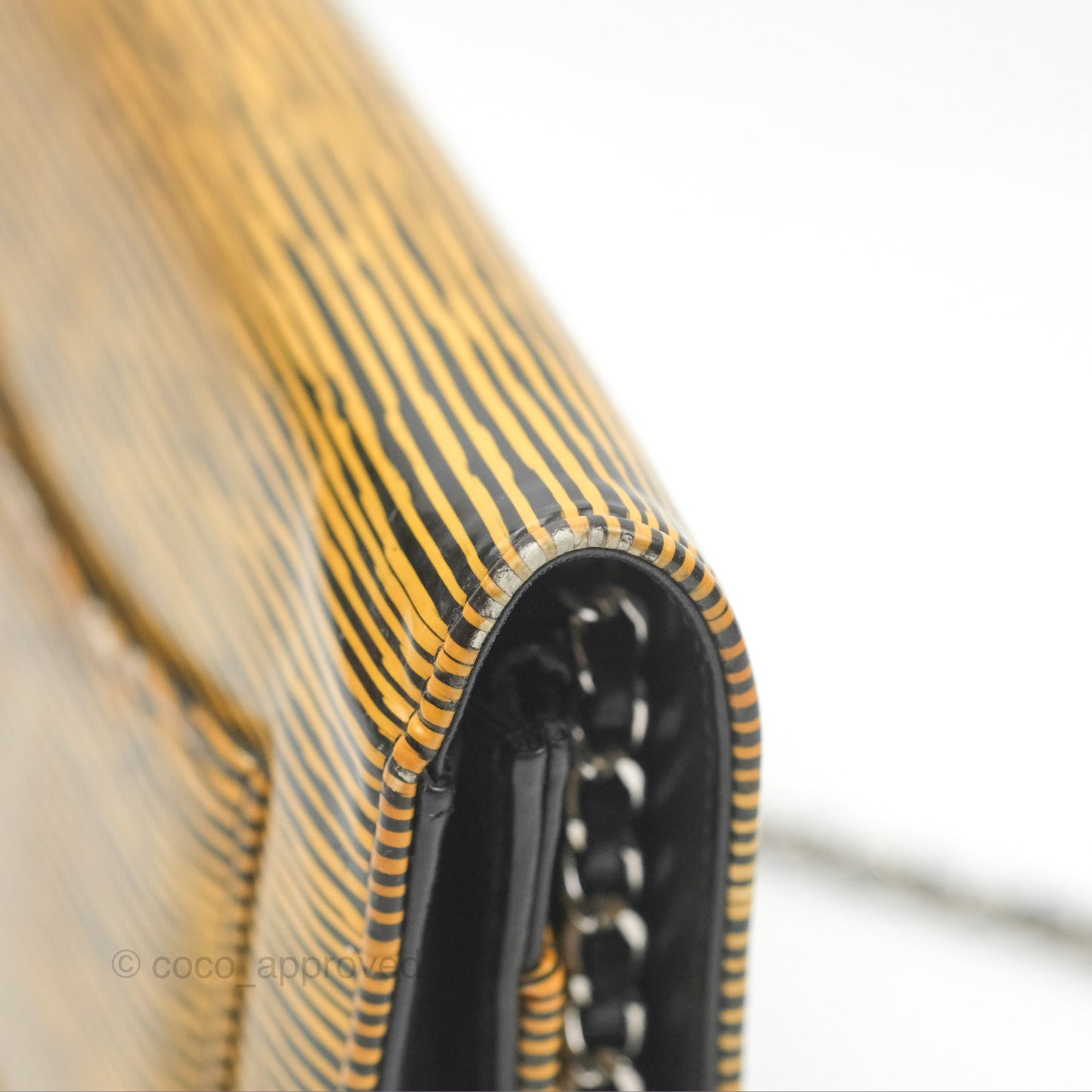 Chanel Wallet on Chain Yellow Black Striped Patent Silver Hardware