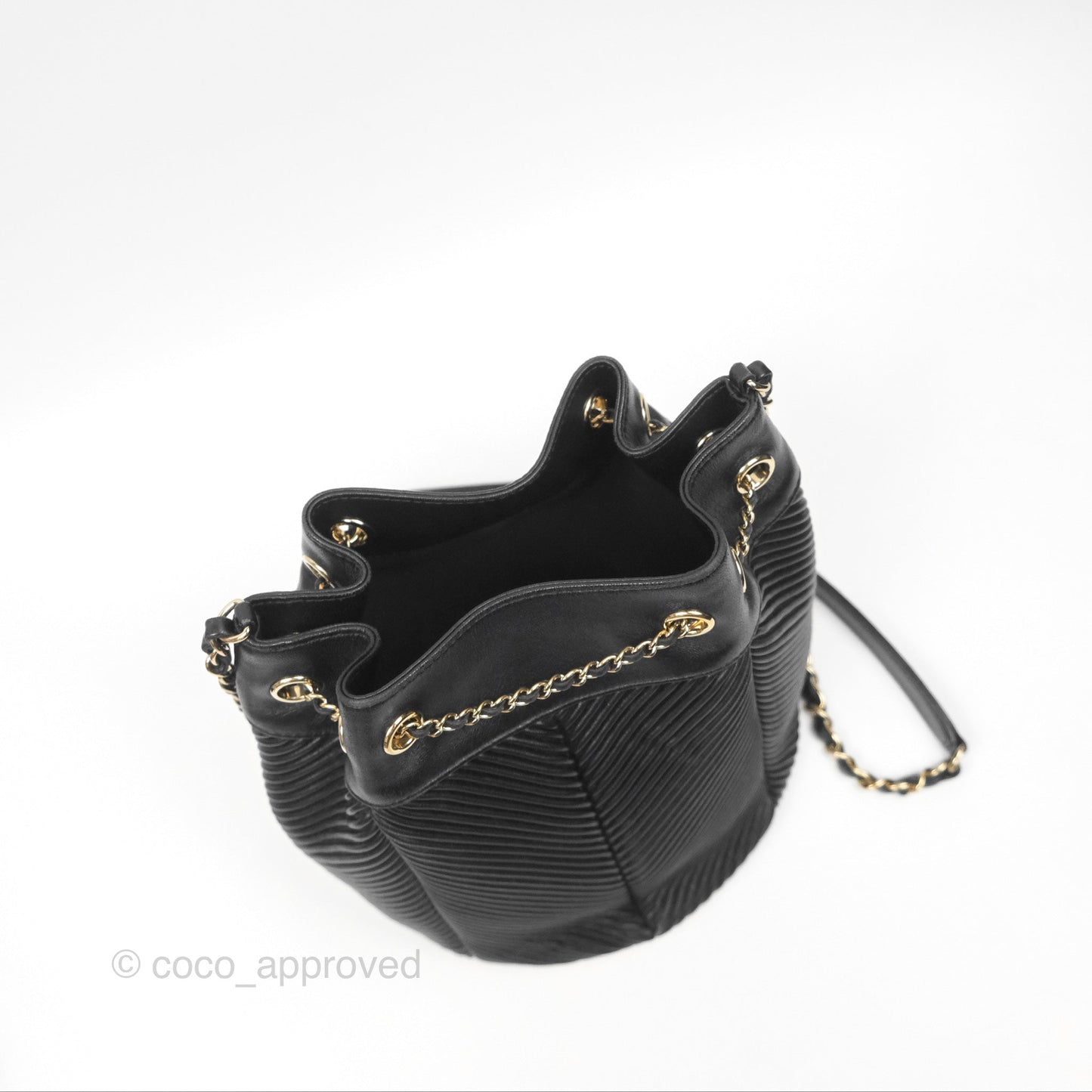 Chanel CC Chain Drawstring Bucket Bag Chevron Black Lambskin Gold Hardware