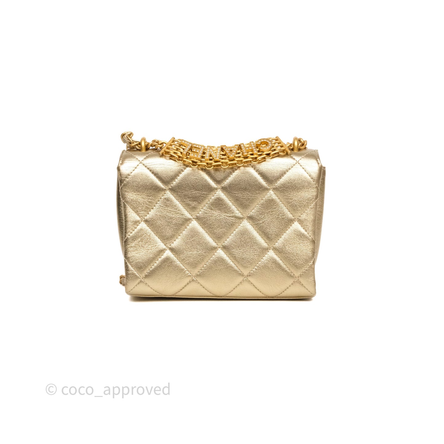 Chanel Mini Crystal Logo Handle Flap Bag Metallic Gold Lambskin 22S