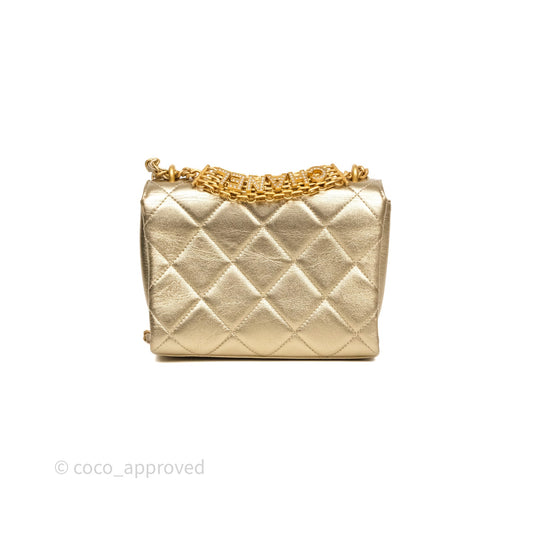 Chanel Mini Crystal Logo Handle Flap Bag Metallic Gold Lambskin 22S