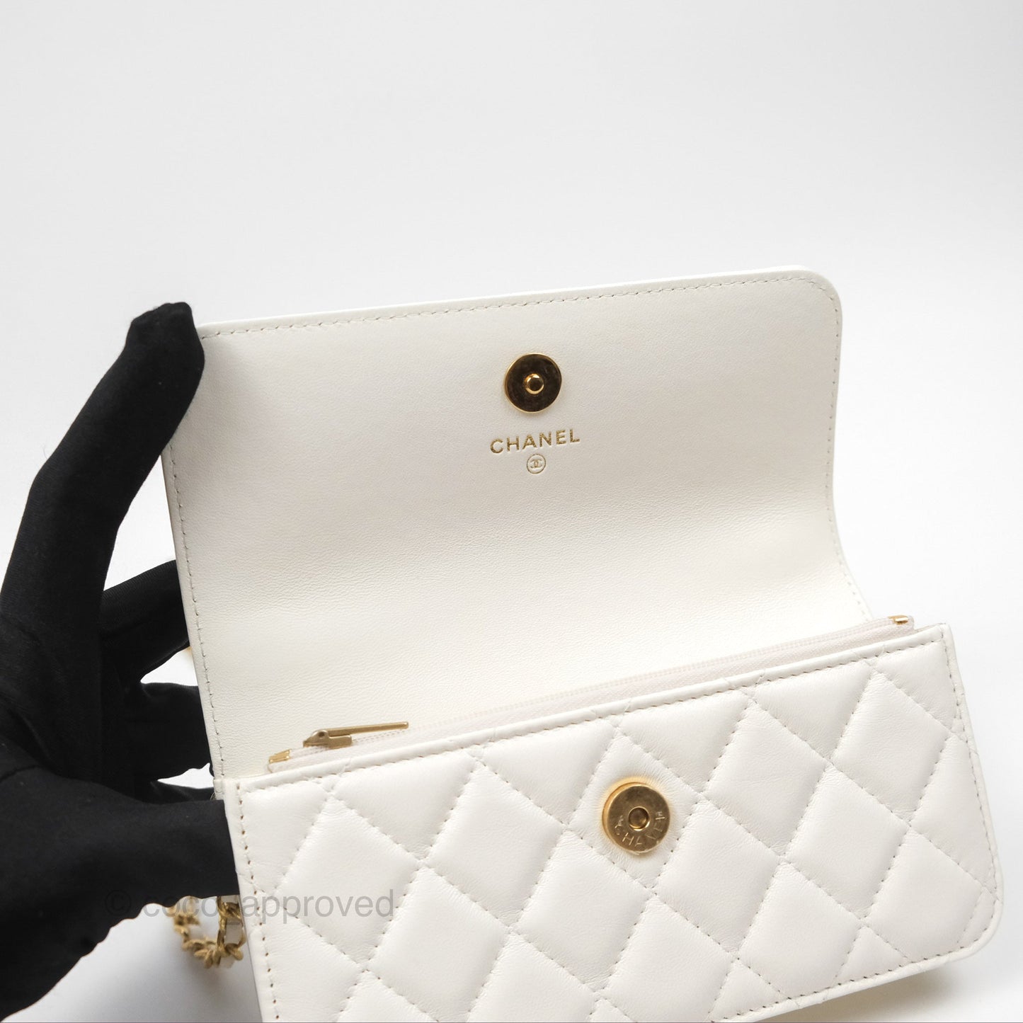 Chanel Dynasty Phone Holder with Chain White Ivory Lambskin Aged Gold Hardware