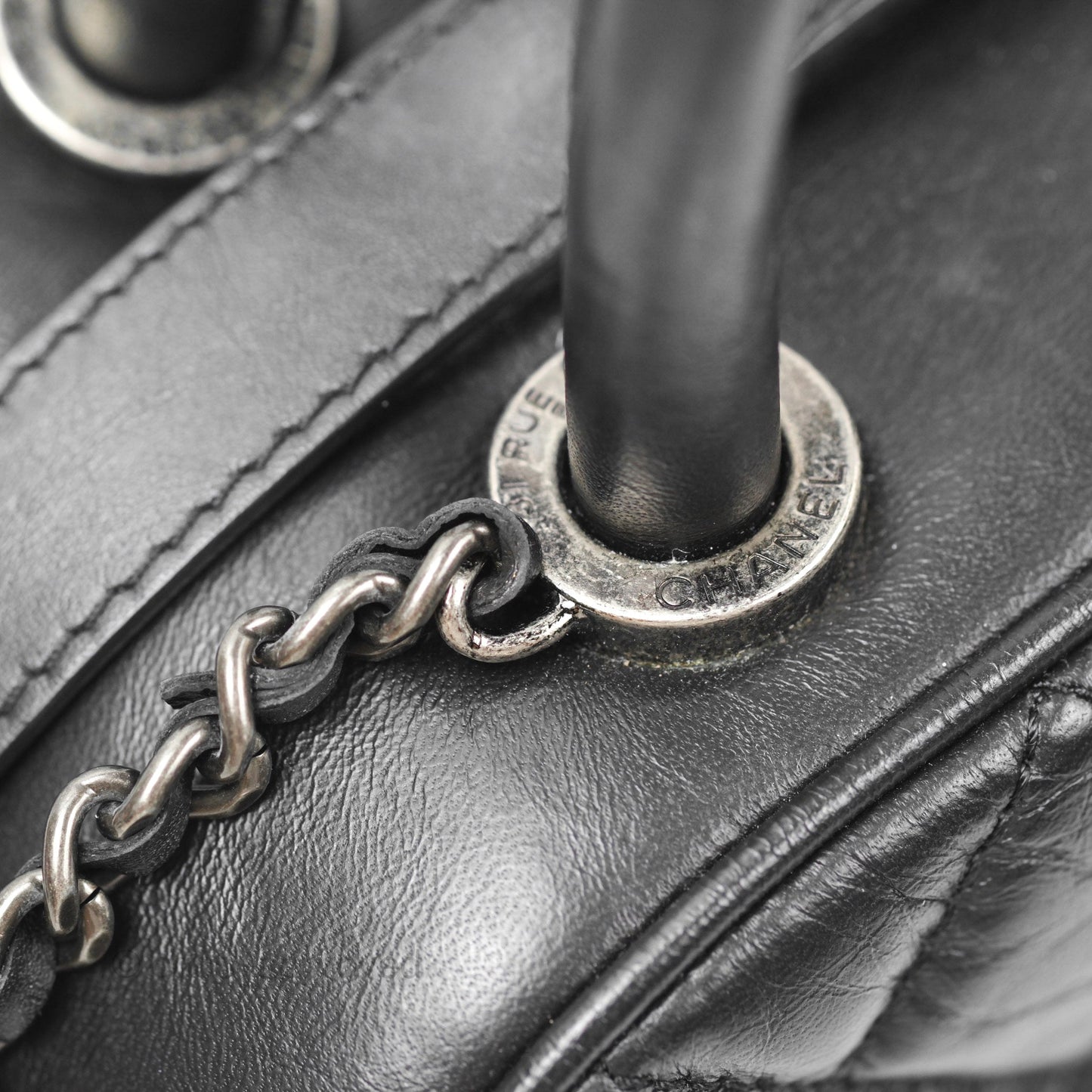 Chanel Quilted Small Handle Bowling Bag Black Aged Calfskin Ruthenium Hardware
