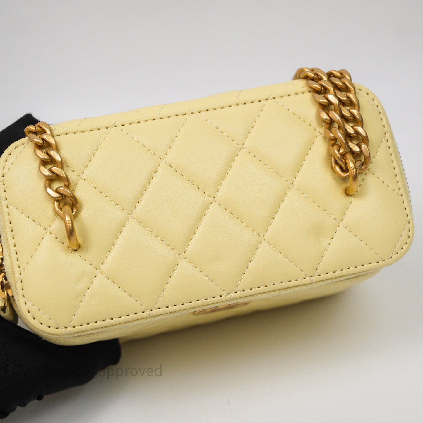 Chanel Quilted Vanity Rectangular with Camellia Adjustable Chain Yellow Lambskin
