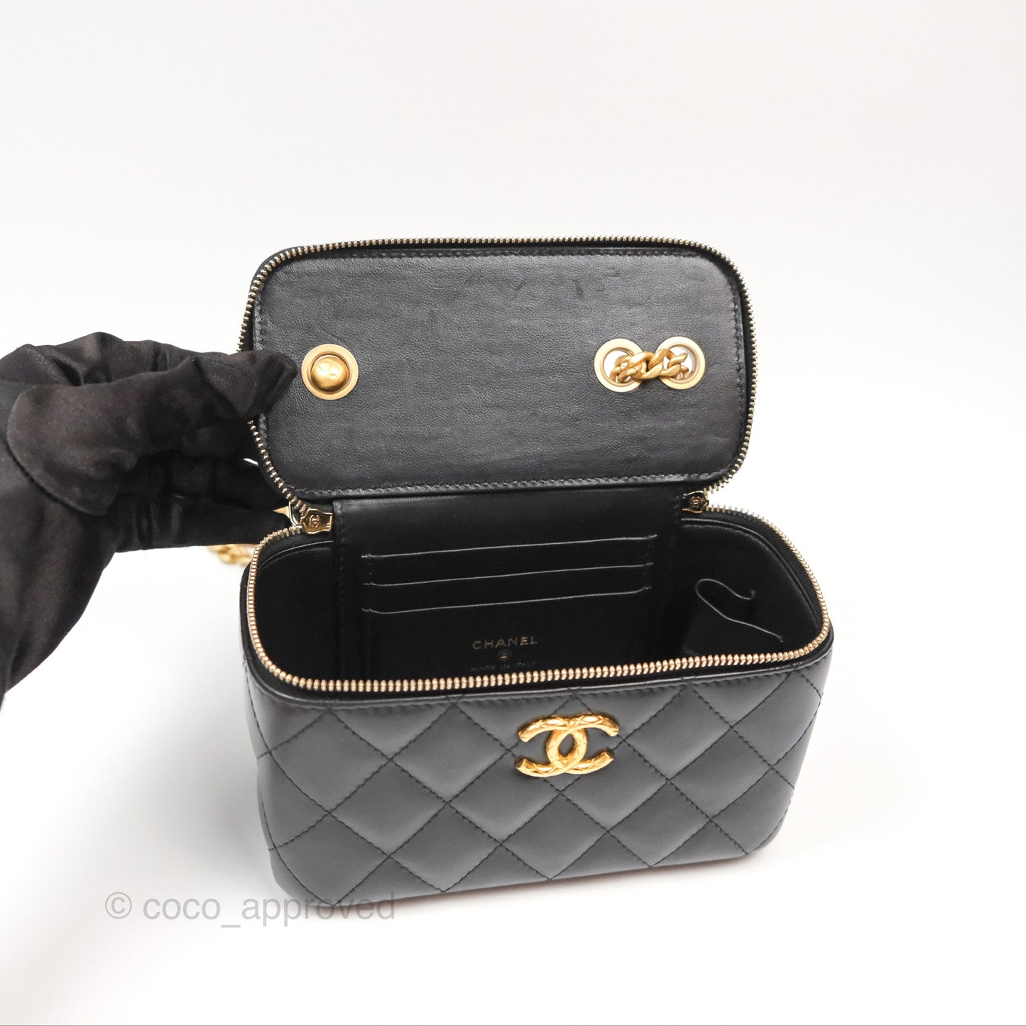 Chanel All Slide Vanity with Adjustable Chain Black Lambskin Aged Gold Hardware