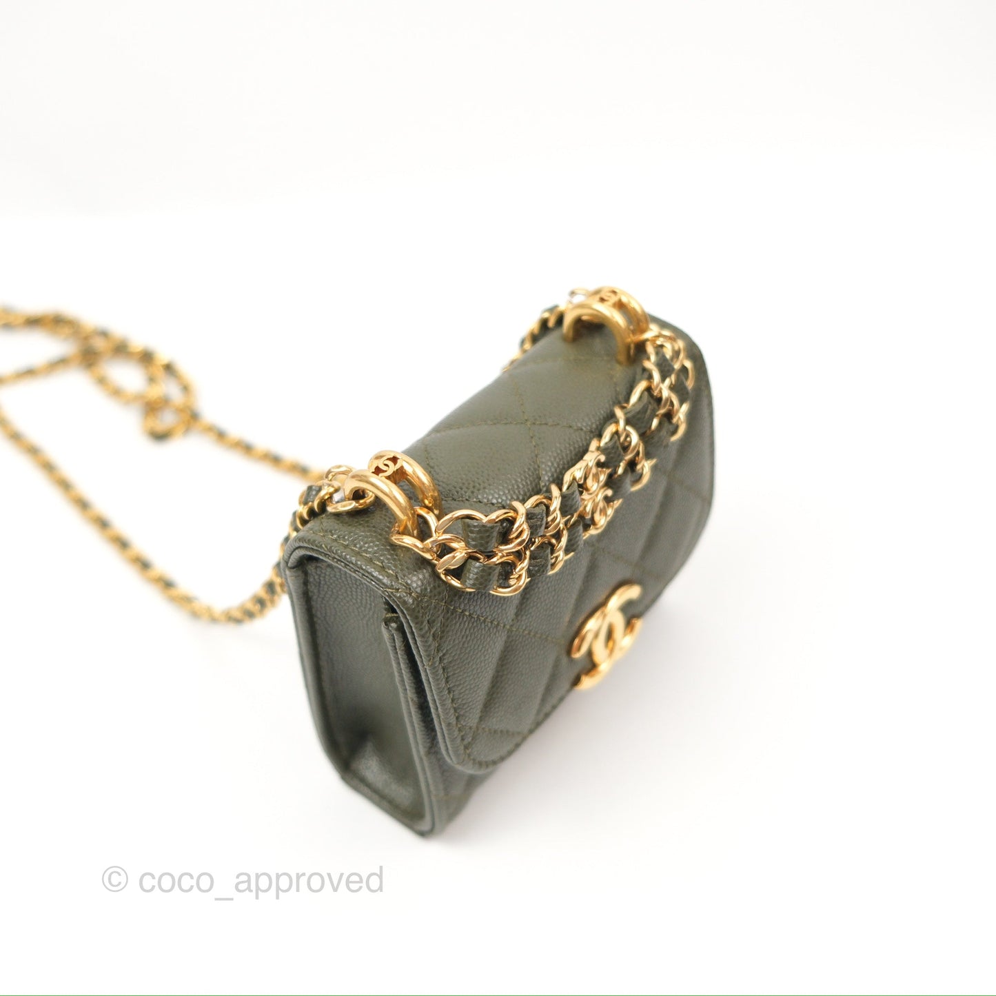 Chanel Coco First Mini Clutch On Chain Dark Olive Green Caviar Gold Hardware 22K