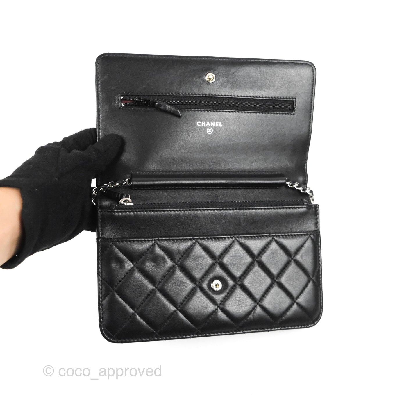 Chanel Quilted Classic Wallet On Chain WOC Black Lambskin Silver Hardware