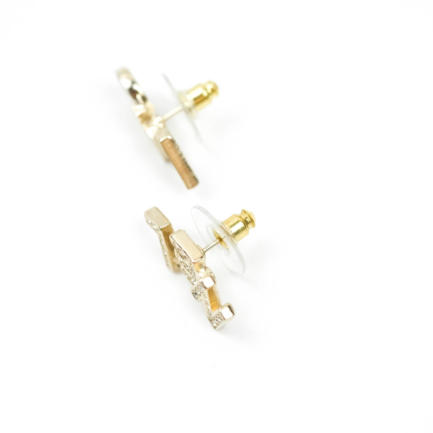 Chanel Crystal Pearl Signature Stud Earrings Gold Tone 21V