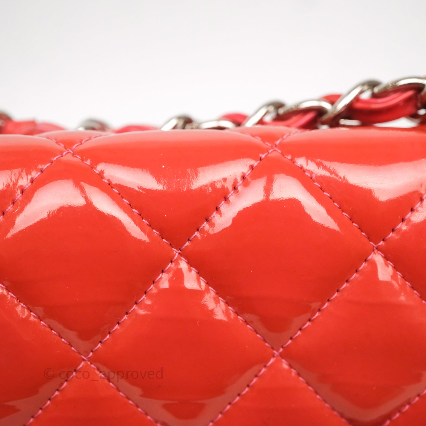 Chanel Jumbo Double Flap Red Orange Patent Silver Hardware⁣⁣
