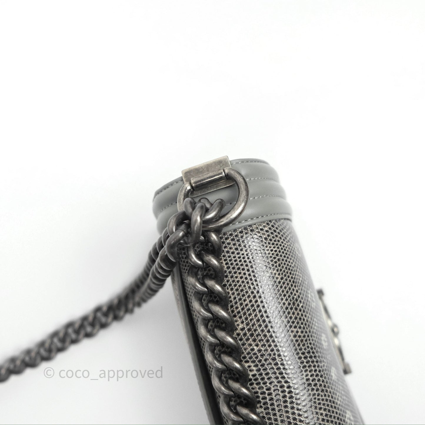 Chanel Small Boy Quilted Bag Grey Lizard Calfskin Ruthenium Hardware