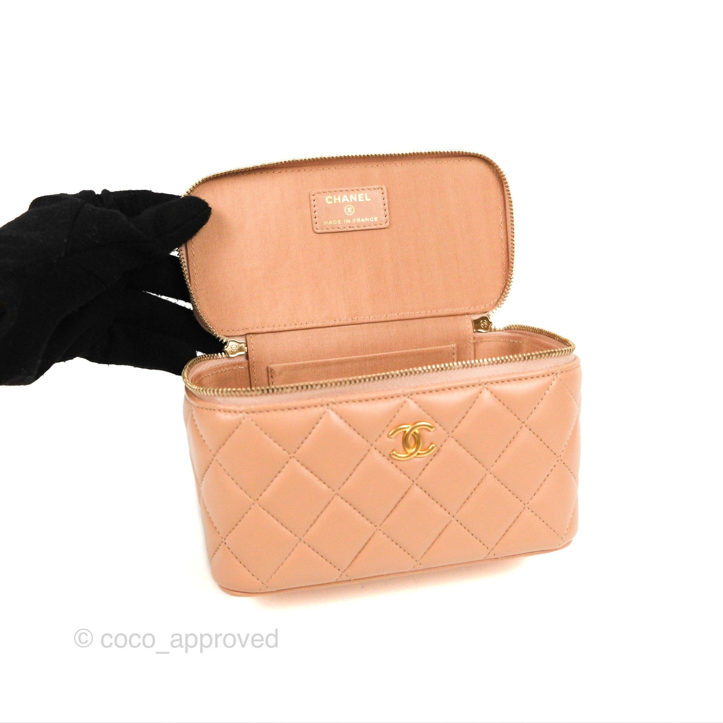 Chanel Vanity Rectangular Top Handle Beige Lambskin Gold Hardware