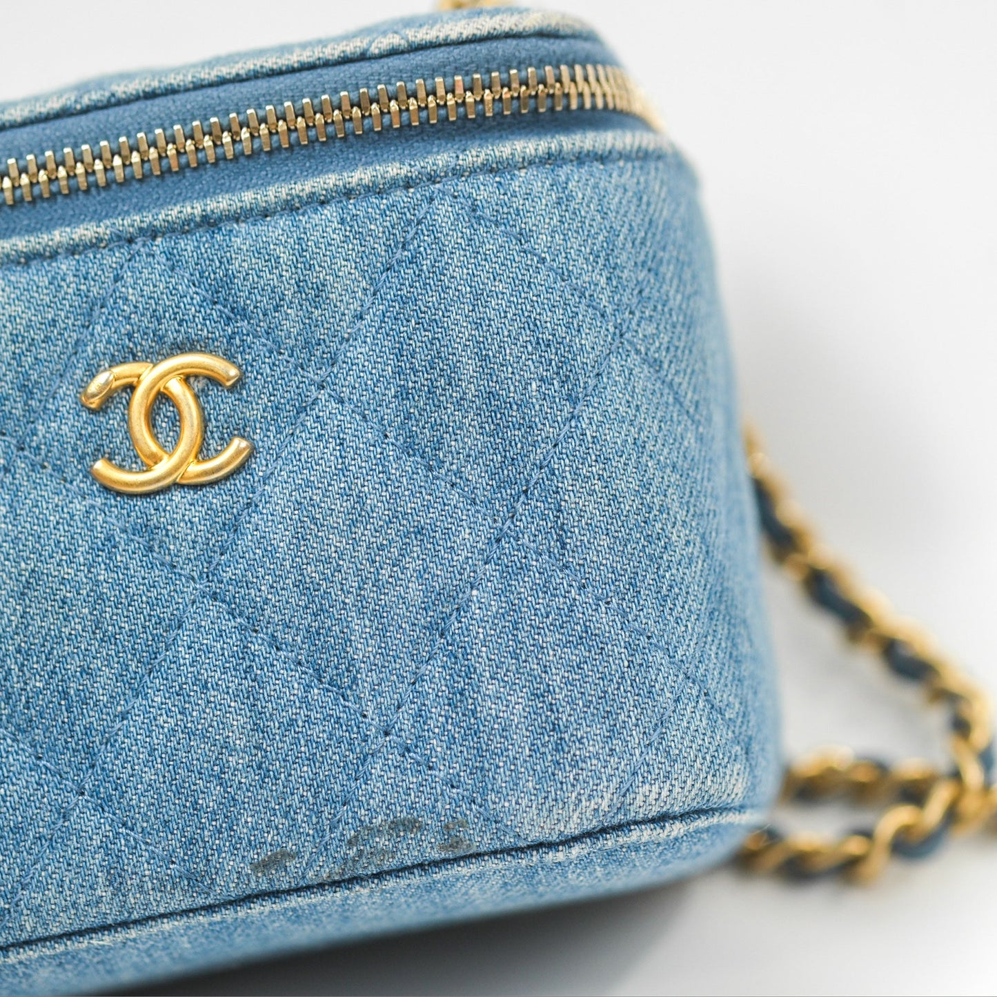 Chanel Mini Pearl Crush Vanity With Chain Denim Aged Gold Hardware