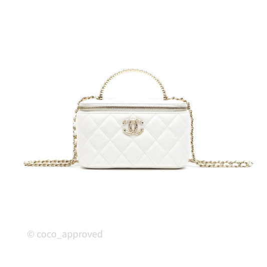 Chanel Crystals Top Handle Vanity Rectangular White Lambskin Gold Hardware