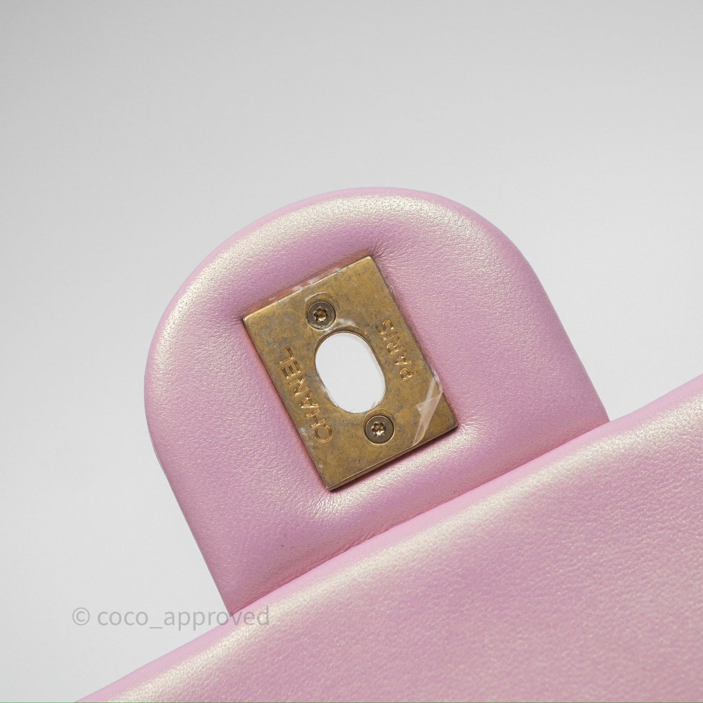 Chanel Mini Flap Bag With Pearl Adjustable Chain Iridescent Pink Lambskin Aged Gold Hardware