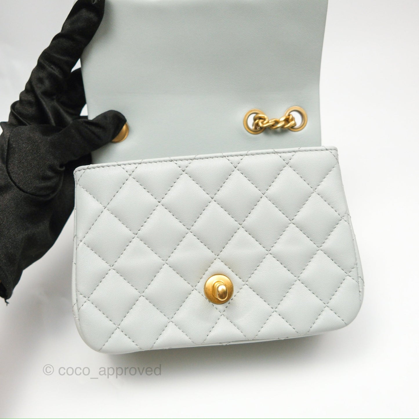 Chanel Quilted Mini Square Flap with Camellia Adjustable Chain Blue Clair Lambskin 23S