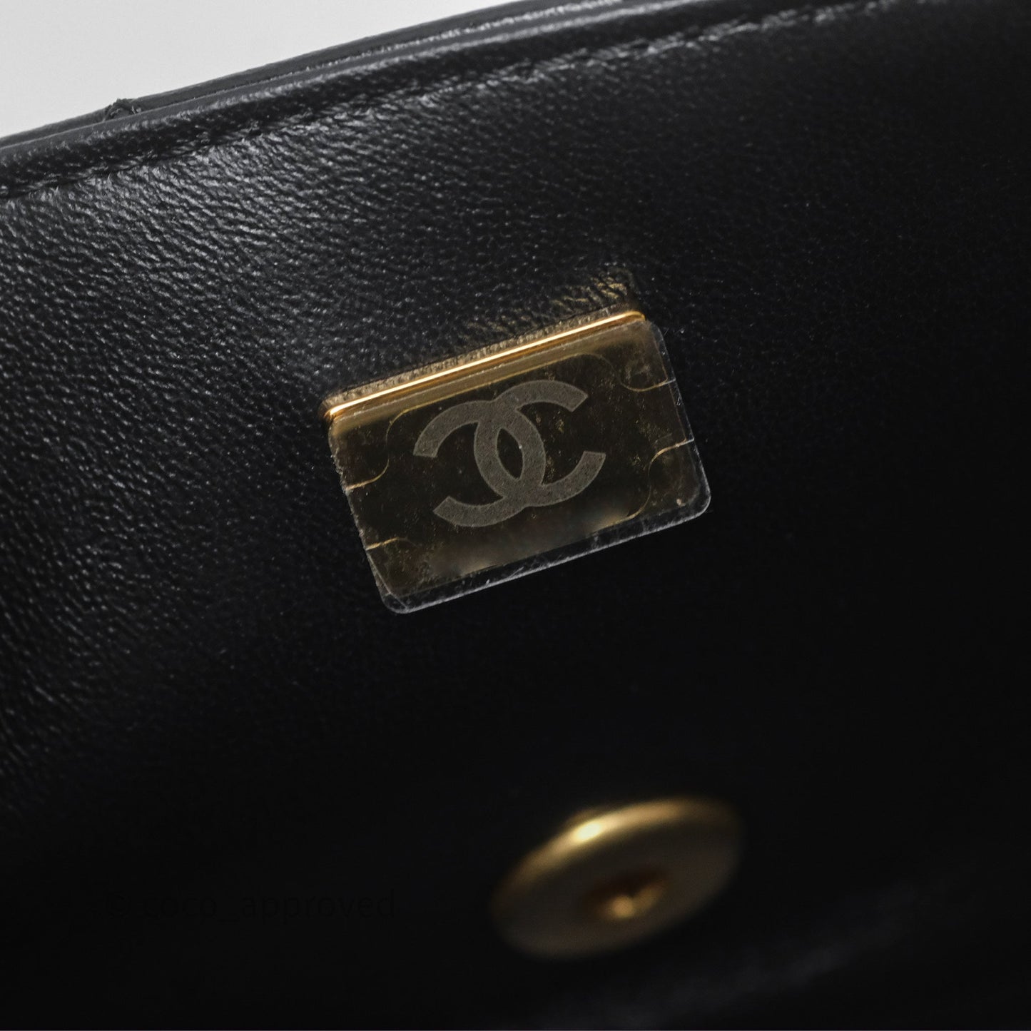 Chanel Flap Bag with Crystal Logo Top Handle Black Lambskin Aged Gold Hardware
