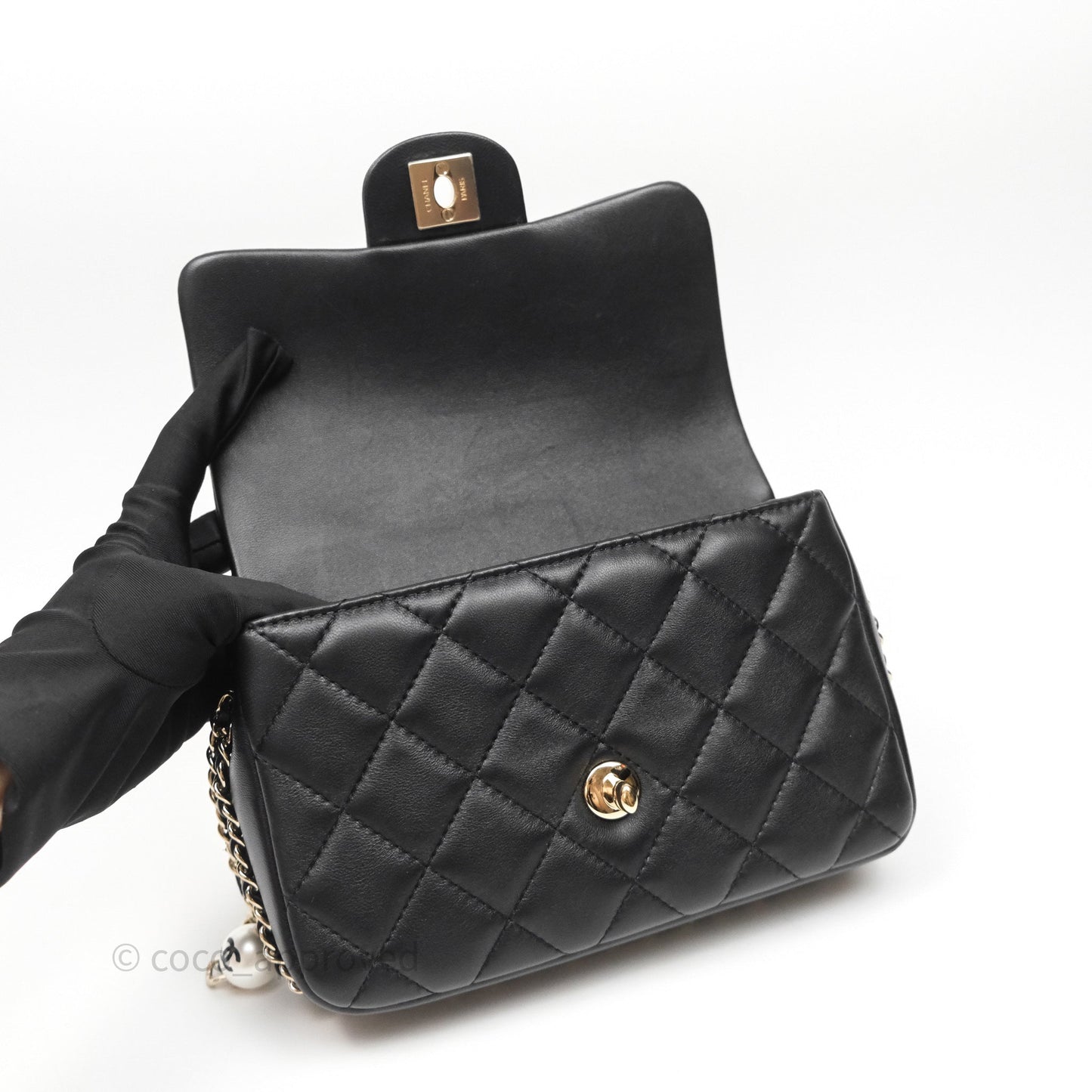 Chanel Logo Pearl Chain Flap Bag Black Lambskin Gold Hardware